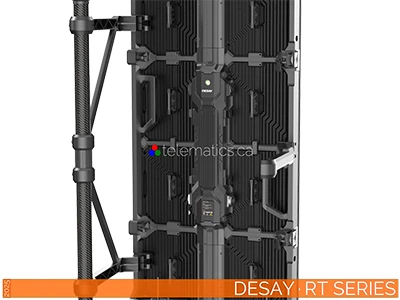Desay RT Series outdoor LED touring panels with wind brace frame, 2.976 mm resolution, and convex or concave setup options.