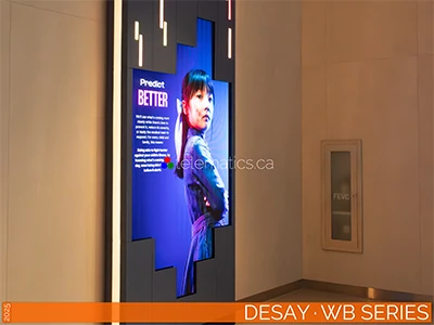 Desay WB Series low-profile indoor LED panels with 1.563 mm resolution, 1000×281.25 mm frame, and 90° corner configurations.