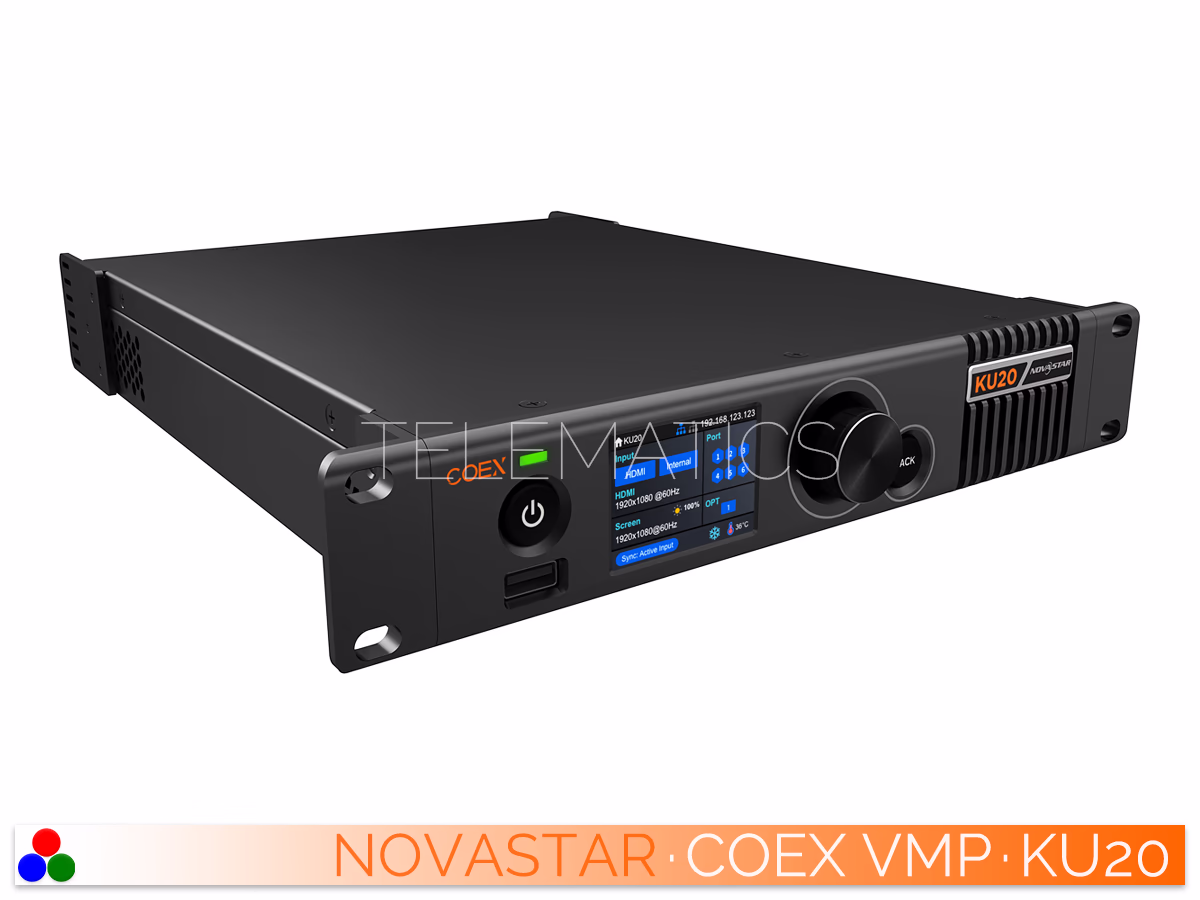 The Art Of Control · NovaStar COEX Series · Telematics Canada High angle front view of the NovaStar COEX KU20 LED display controller showing top panel casing and front interface.