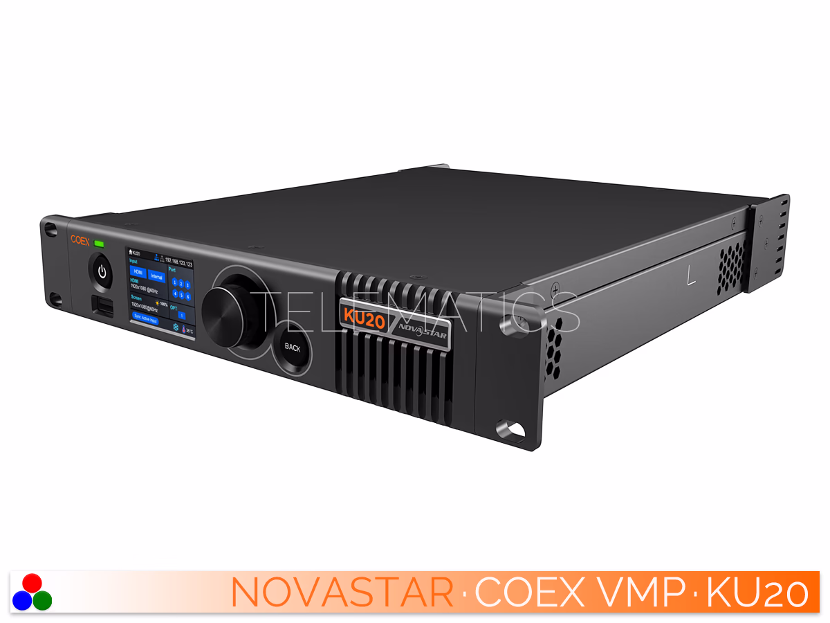 The Art Of Control · NovaStar COEX Series · Telematics Canada Angled left front panel view of the NovaStar COEX KU20 LED display controller showing rack mount brackets.