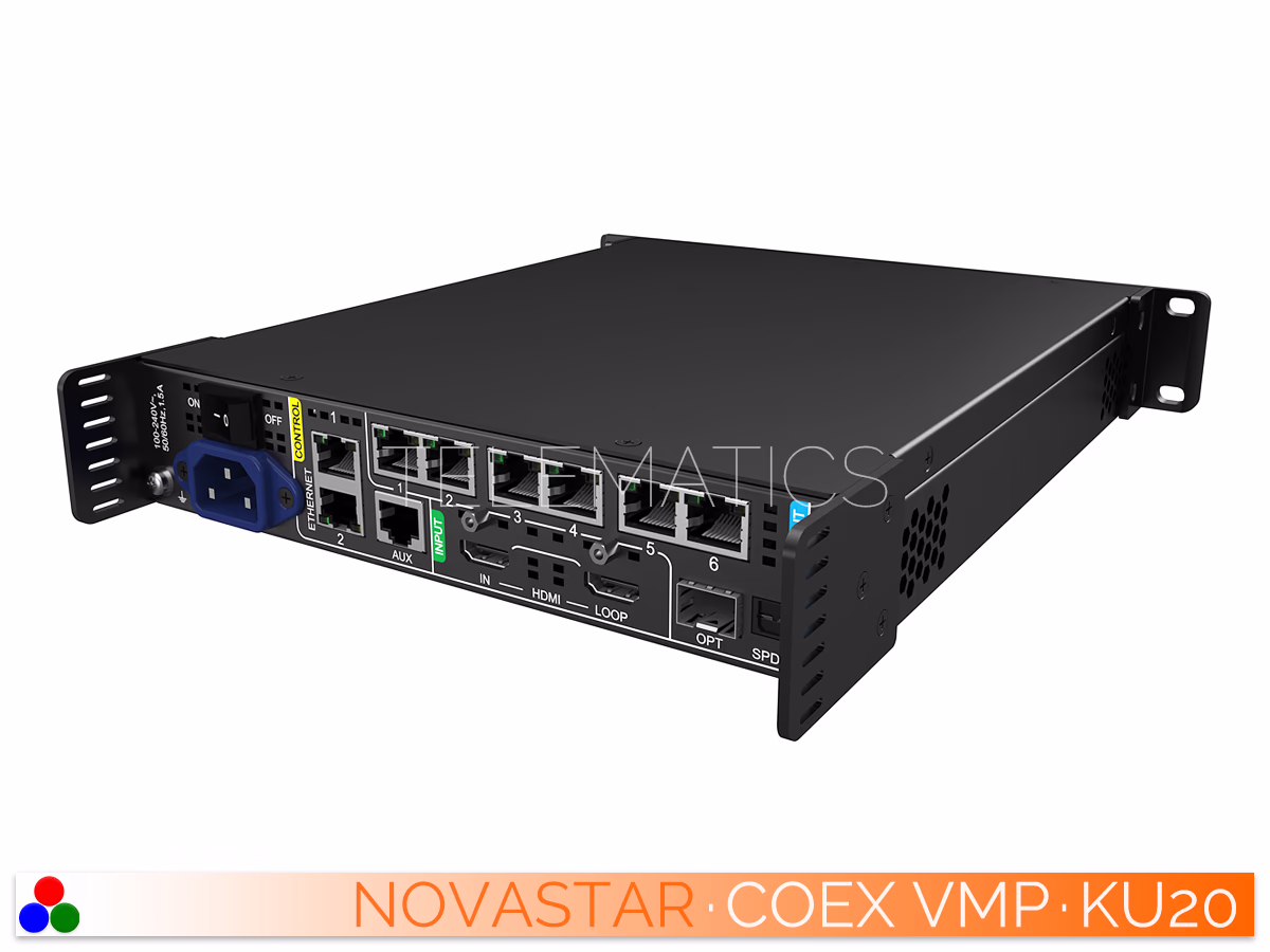 The Art Of Control · NovaStar COEX Series · Telematics Canada Angled left rear view of NovaStar COEX KU20 LED display controller showing power, control, and input interfaces.