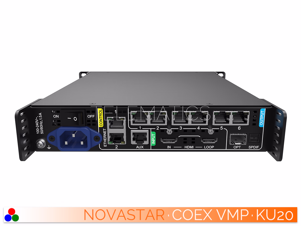 The Art Of Control · NovaStar COEX Series · Telematics Canada Low angle rear view of NovaStar COEX KU20 LED display controller showing standard power connector and I/O layout.