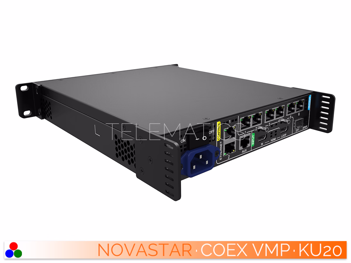 The Art Of Control · NovaStar COEX Series · Telematics Canada Angled right rear view of NovaStar COEX KU20 LED display controller with 6 Gigabit Ethernet outputs and OPT port.
