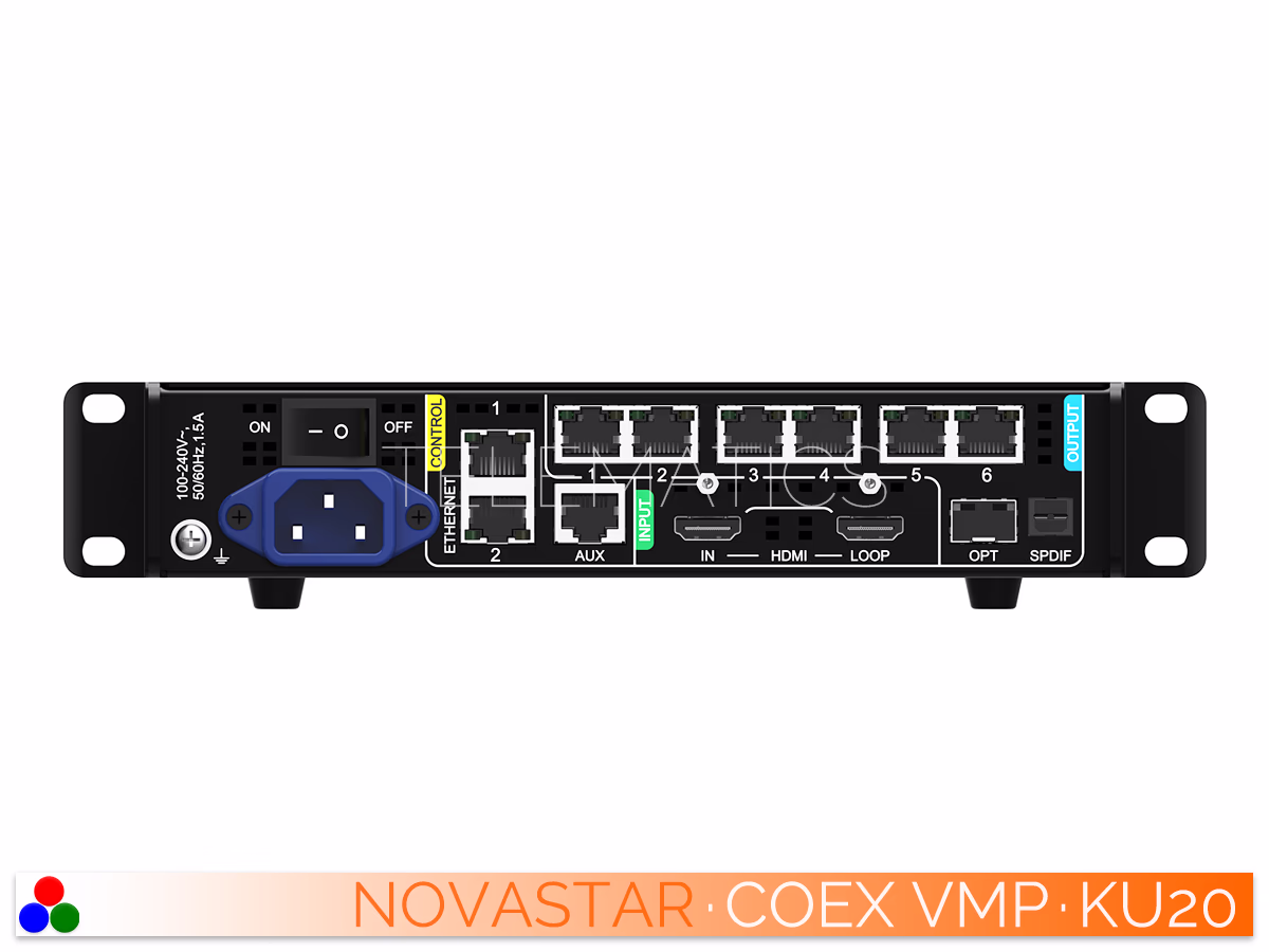 The Art Of Control · NovaStar COEX Series · Telematics Canada Straight rear view of NovaStar COEX KU20 LED display controller displaying connectivity ports, HDMI, and SPDIF.