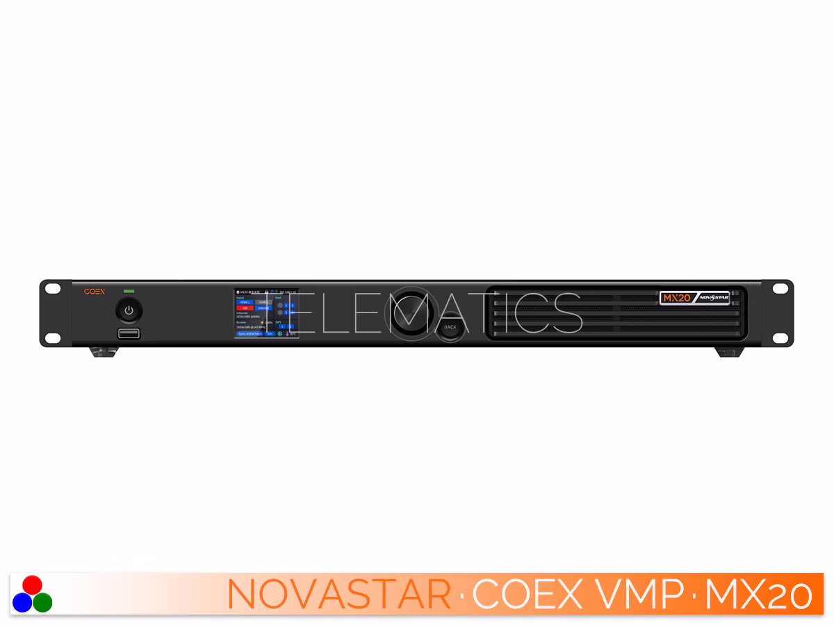 The Art Of Control · NovaStar COEX Series · Telematics Canada Direct front panel view of the NovaStar MX20 featuring the LCD screen.