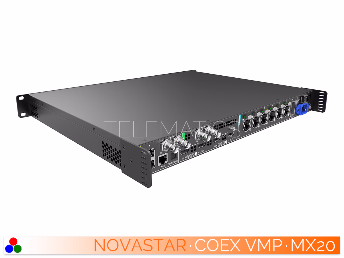 The Art Of Control · NovaStar COEX Series · Telematics Canada Rear-left view of the NovaStar MX20 detailing control and video inputs.