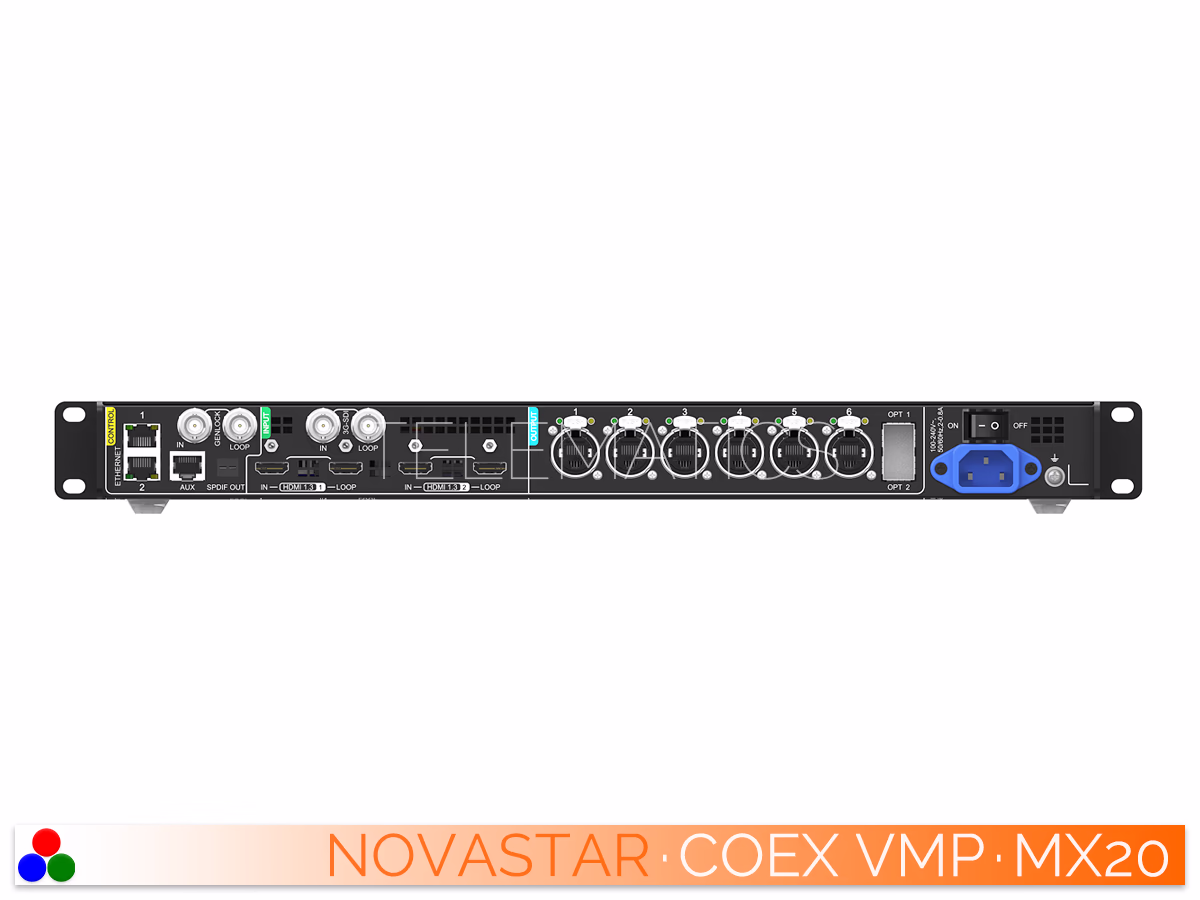 The Art Of Control · NovaStar COEX Series · Telematics Canada Rear panel of the NovaStar MX20 showing 6 Ethernet outputs and inputs.