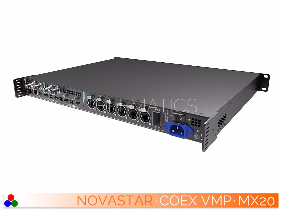 The Art Of Control · NovaStar COEX Series · Telematics Canada Rear-right view of the NovaStar MX20 showing Ethernet and optical outputs.
