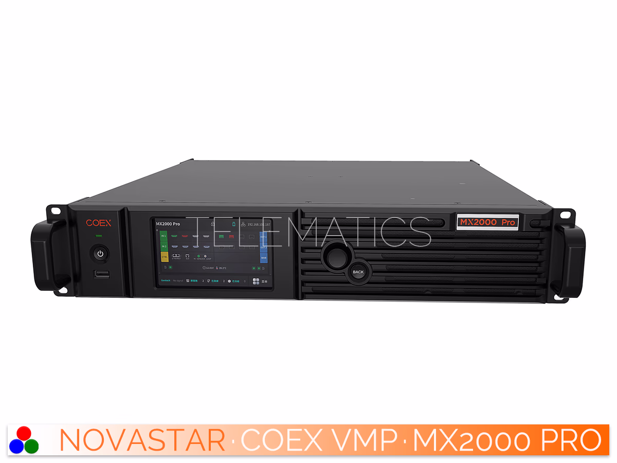 The Art Of Control · NovaStar COEX Series · Telematics Canada Front panel of the NovaStar MX2000 Pro featuring touchscreen and dial.