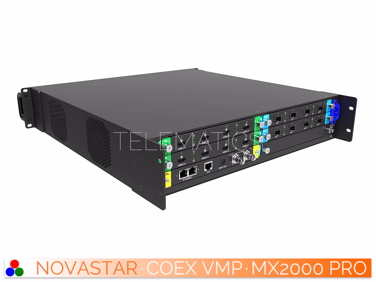 The Art Of Control · NovaStar COEX Series · Telematics Canada Rear-left view of the NovaStar MX2000 Pro detailing modular I/O cards.