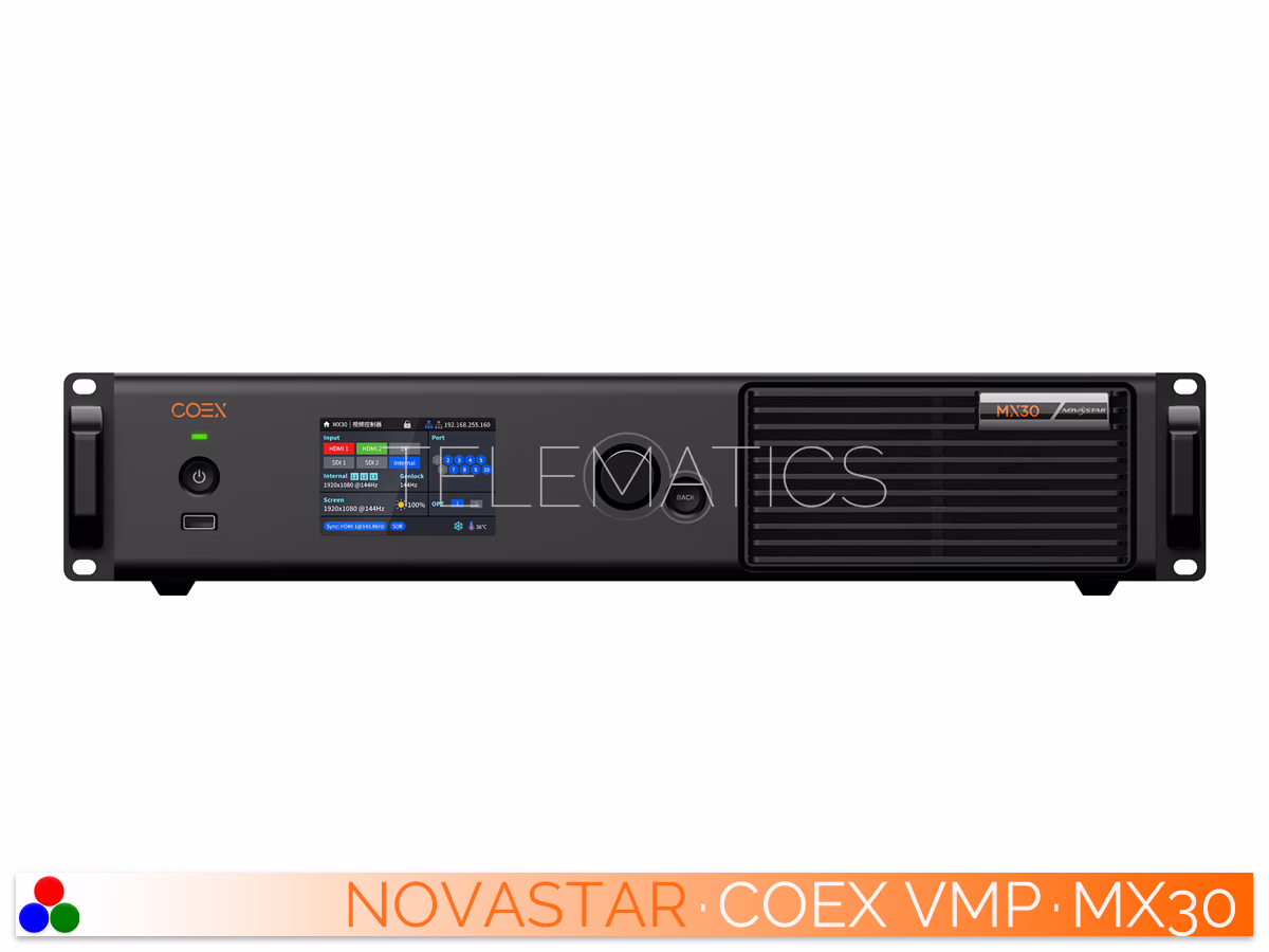 The Art Of Control · NovaStar COEX Series · Telematics Canada Front panel of the NovaStar MX30 featuring the control knob and screen.