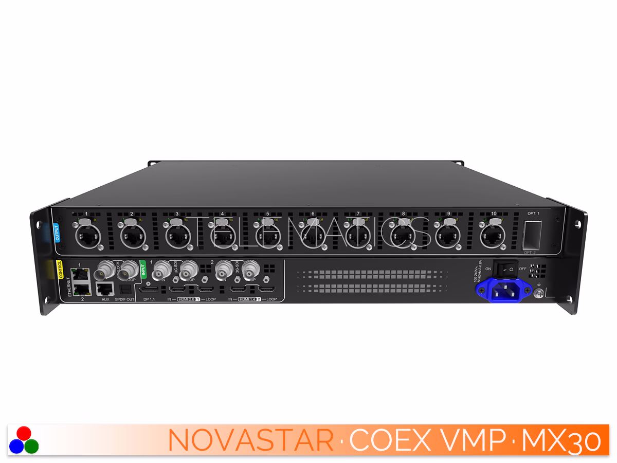 The Art Of Control · NovaStar COEX Series · Telematics Canada Elevated rear view of the NovaStar MX30 detailing output ports and video inputs.
