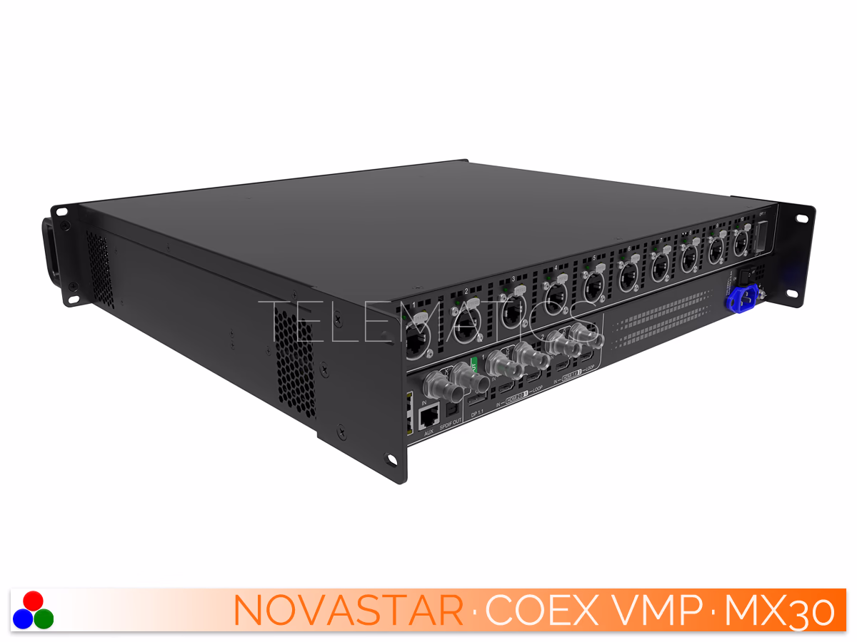 The Art Of Control · NovaStar COEX Series · Telematics Canada Rear-left view of the NovaStar MX30 detailing Ethernet control and SDI inputs.