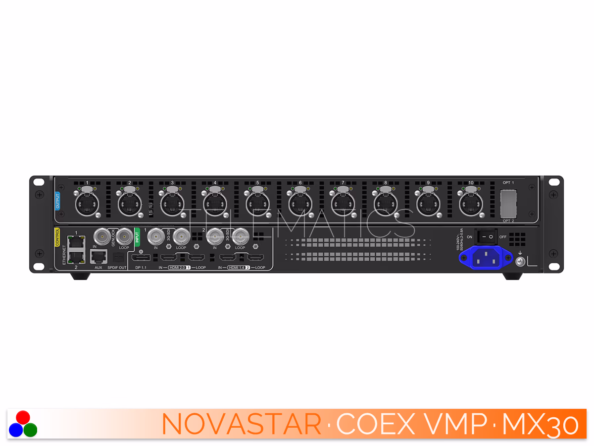 The Art Of Control · NovaStar COEX Series · Telematics Canada Rear panel of the NovaStar MX30 showing 10 Ethernet outputs and video inputs.