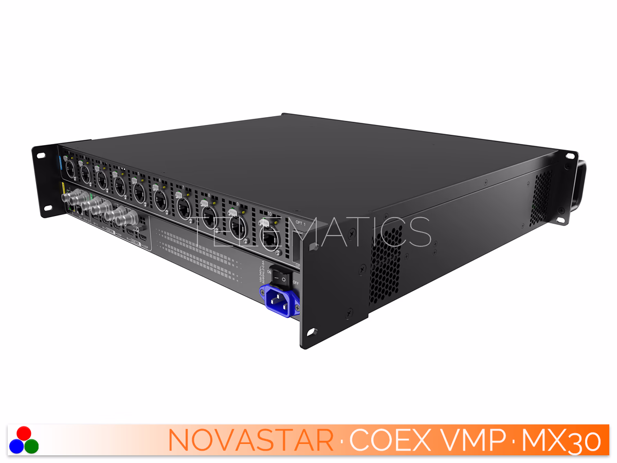 The Art Of Control · NovaStar COEX Series · Telematics Canada Rear-right view of the NovaStar MX30 showing power input and optical ports.