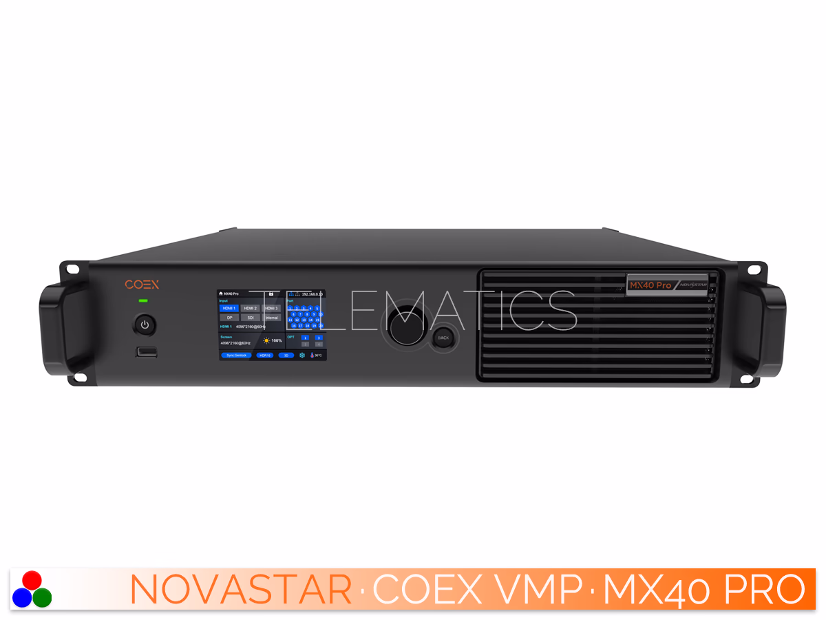 The Art Of Control · NovaStar COEX Series · Telematics Canada Front panel of the NovaStar MX40 Pro featuring TFT screen and control knob.