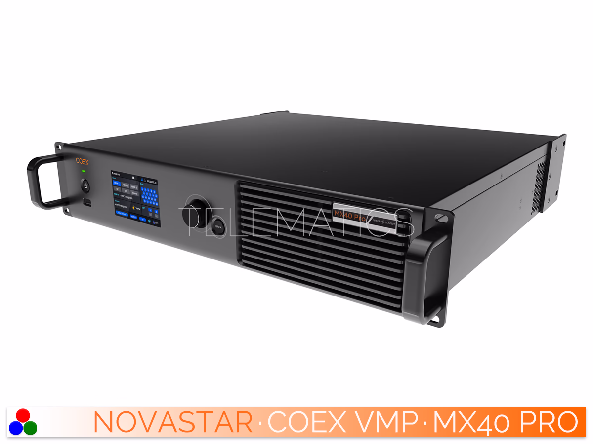 The Art Of Control · NovaStar COEX Series · Telematics Canada /media/avamoment/avif/novastar-coex-mx40-pro-front-left.avif Front-left perspective of the NovaStar MX40 Pro LED controller chassis and interface.