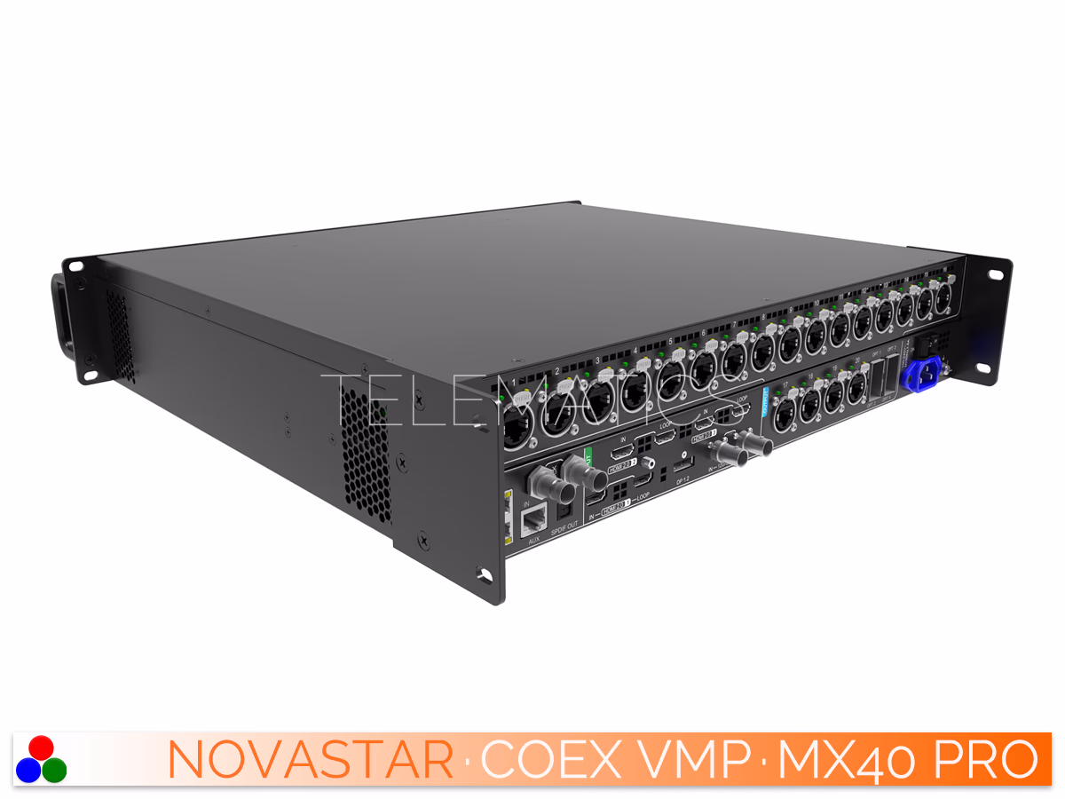 The Art Of Control · NovaStar COEX Series · Telematics Canada Elevated rear view of NovaStar MX40 Pro displaying modular video connections.