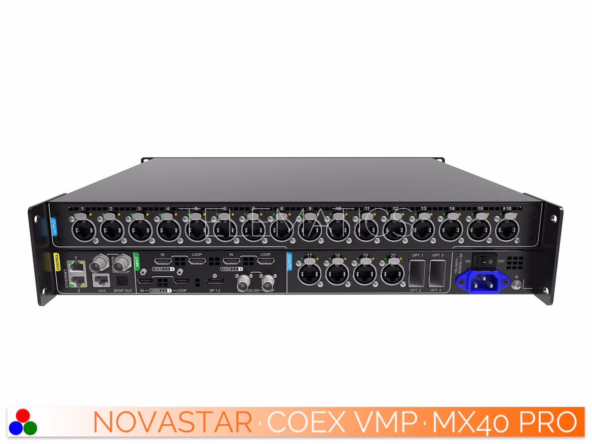 The Art Of Control · NovaStar COEX Series · Telematics Canada Rear-left view of NovaStar MX40 Pro detailing control ports and video inputs.