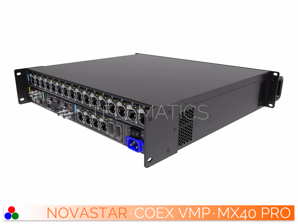 The Art Of Control · NovaStar COEX Series · Telematics Canada Rear-right view of NovaStar MX40 Pro showing power input and optical ports.