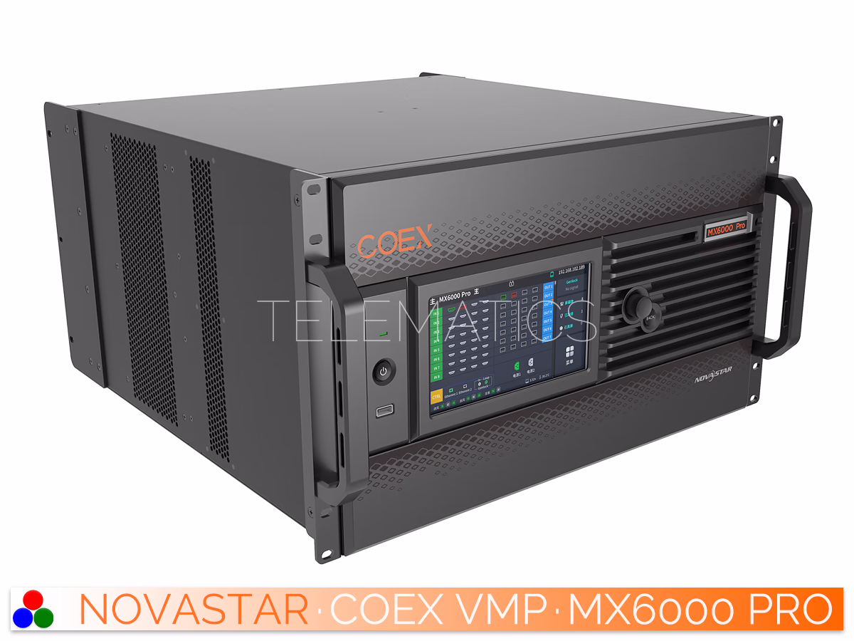 The Art Of Control · NovaStar COEX Series · Telematics Canada Left-angled front view of NovaStar MX6000 Pro highlighting the 6U rack-mountable chassis and control knob.