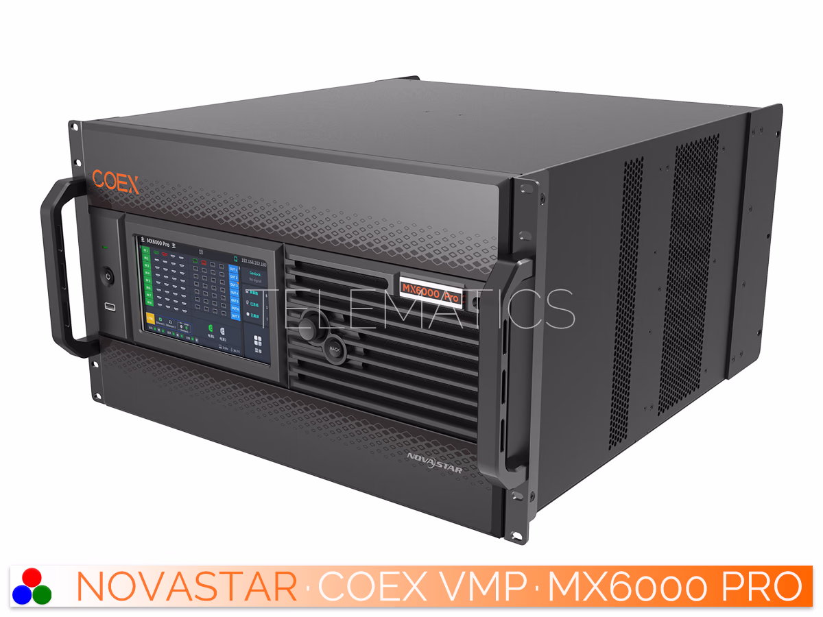 The Art Of Control · NovaStar COEX Series · Telematics Canada Right-angled front view of NovaStar MX6000 Pro showing touchscreen, standby button, and side ventilation.