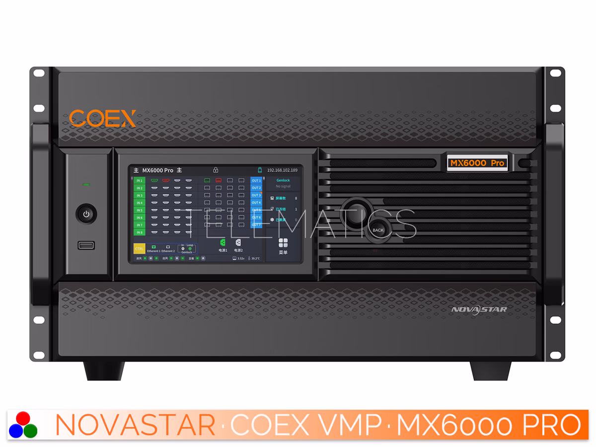 The Art Of Control · NovaStar COEX Series · Telematics Canada Straight front view of active NovaStar MX6000 Pro showing the COEX VMP software interface on touch display.