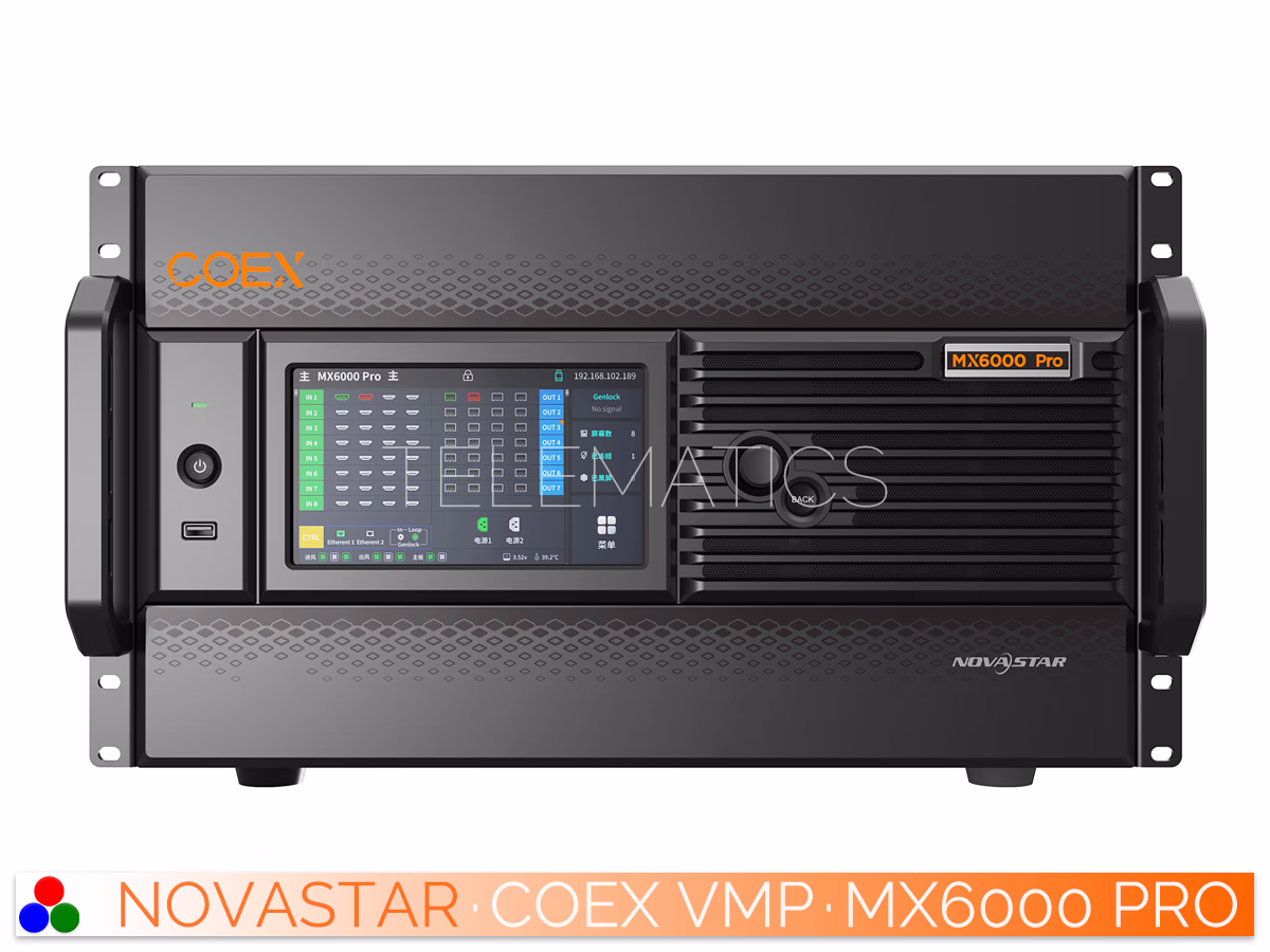 The Art Of Control · NovaStar COEX Series · Telematics Canada Straight front view of NovaStar MX6000 Pro LED display controller with 7-inch IPS touchscreen and handles.
