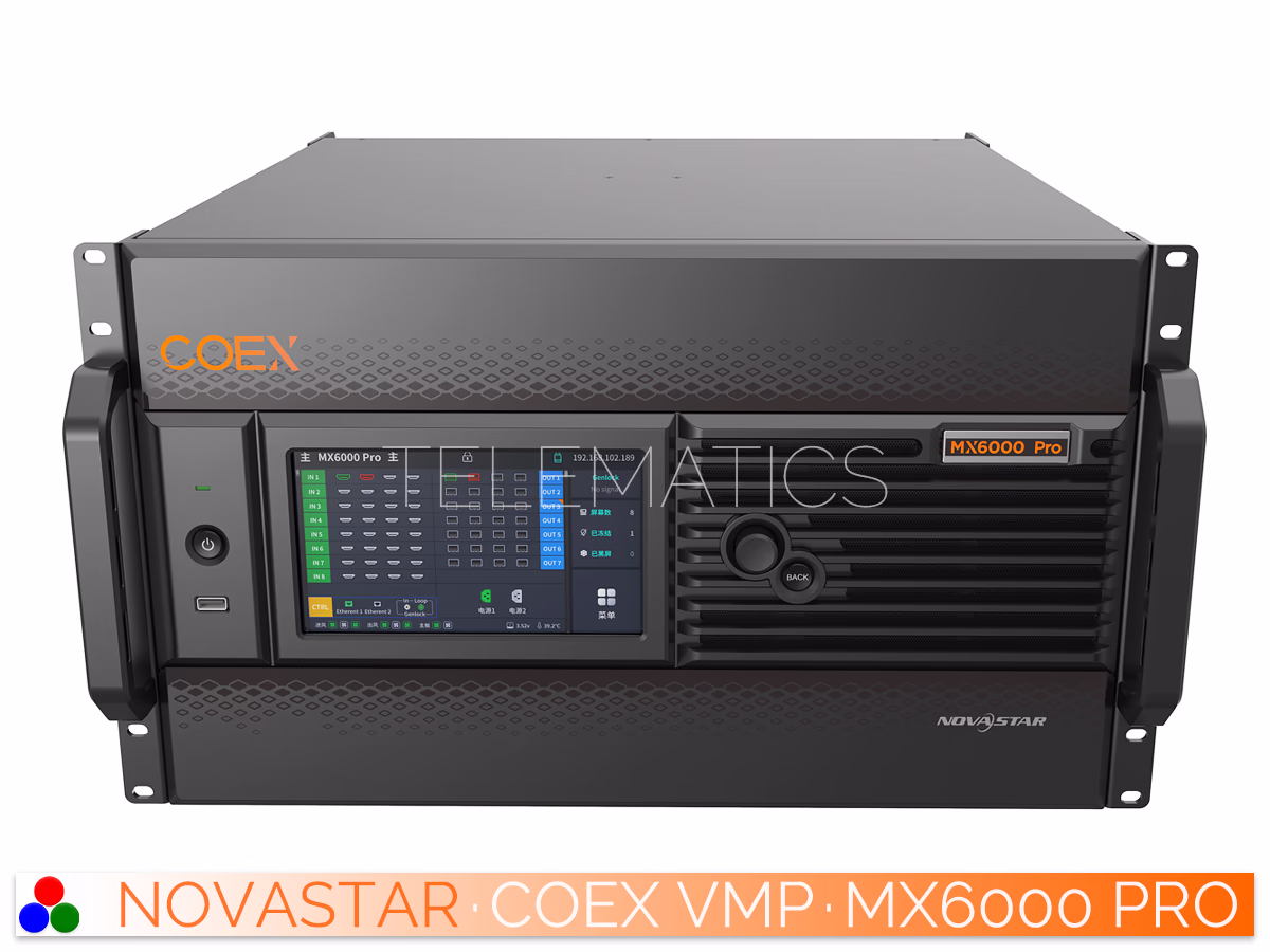 The Art Of Control · NovaStar COEX Series · Telematics Canada Detailed straight front view of NovaStar MX6000 Pro highlighting the COEX OS interface and hardware control knob.
