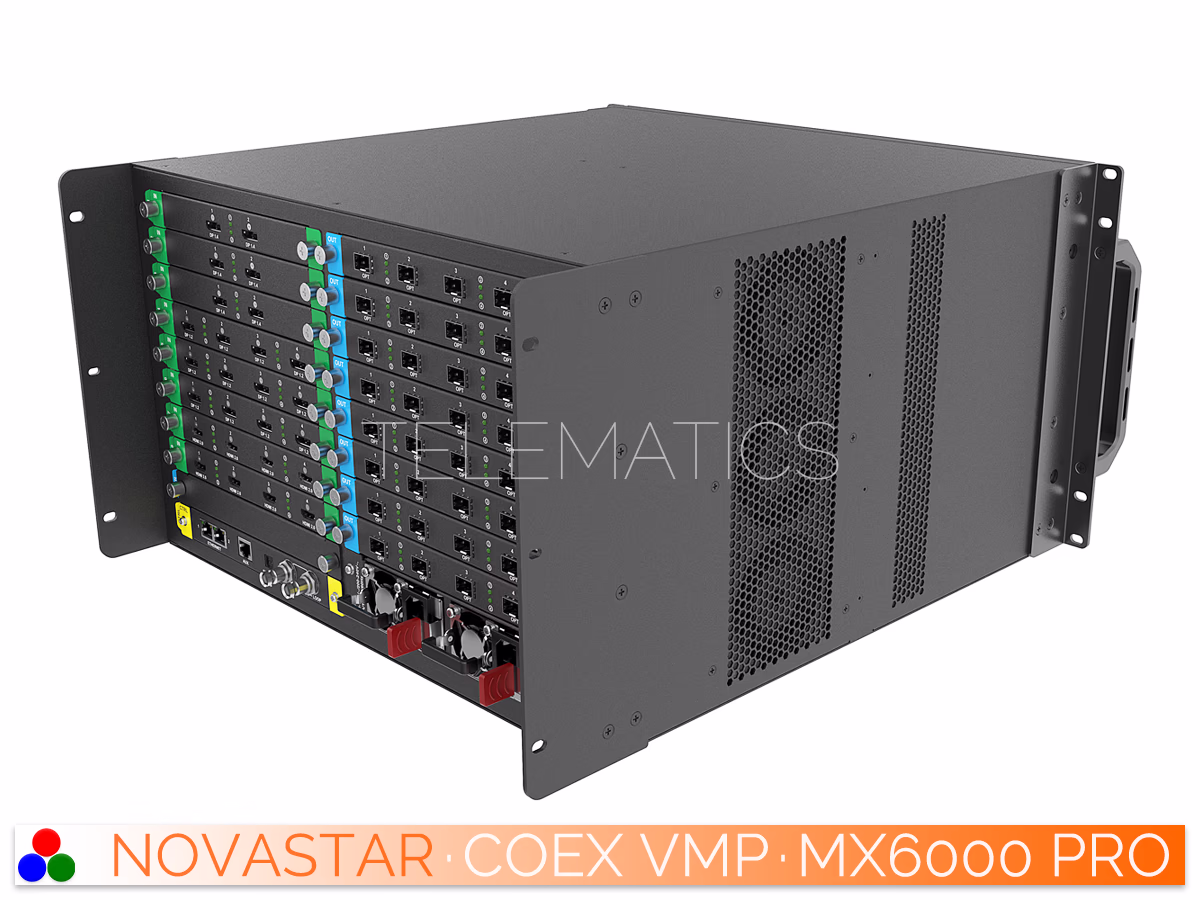 The Art Of Control · NovaStar COEX Series · Telematics Canada Right-angled rear view of NovaStar MX6000 Pro highlighting 10G optical output cards and dual power supplies.