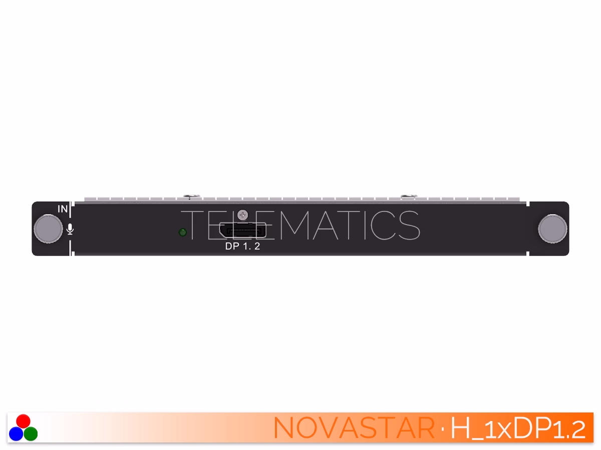 The Art Of Control · NovaStar H Series · Telematics Canada Front view of the NovaStar H-Series 1x DP 1.2 input card module.