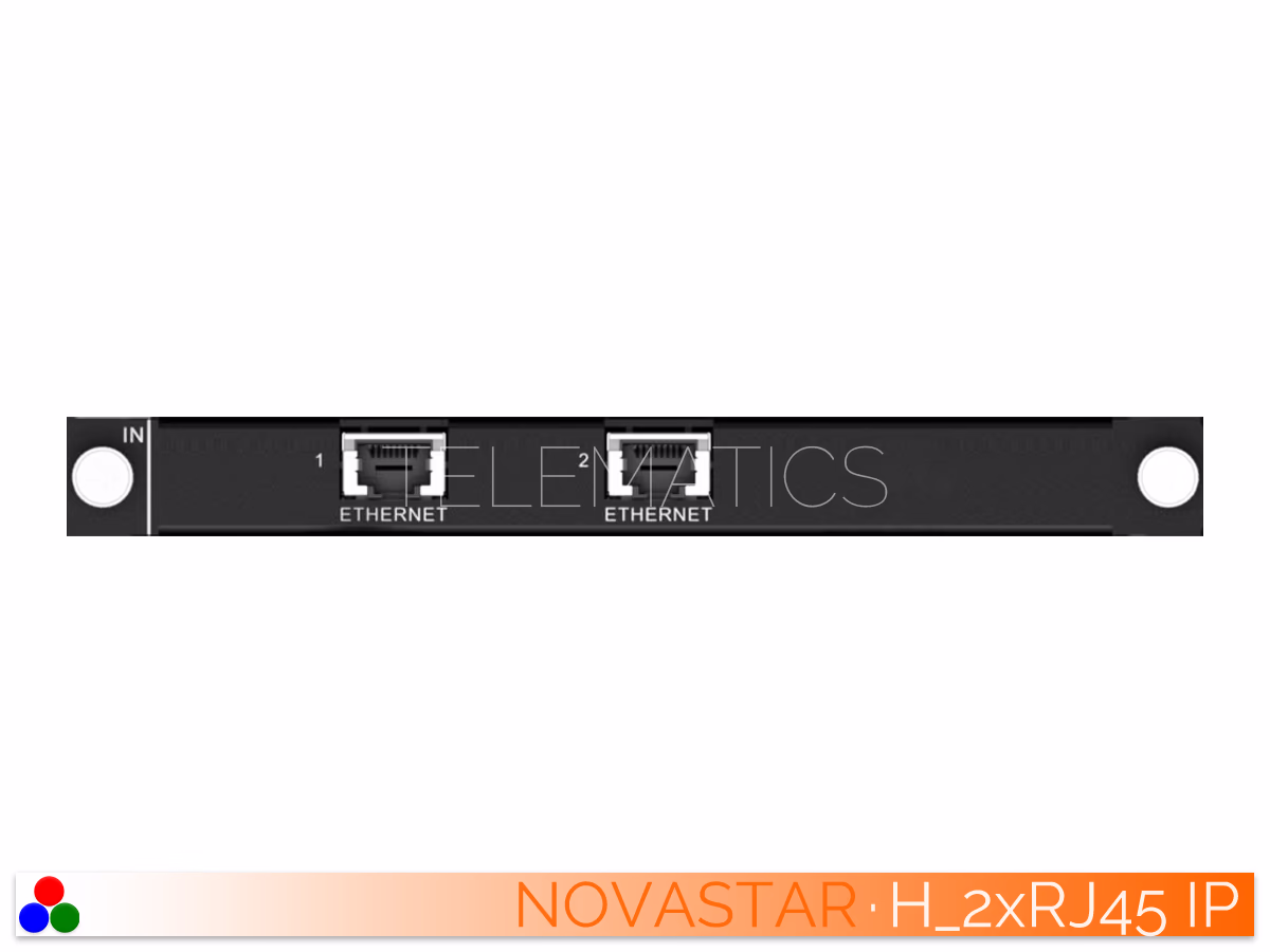 The Art Of Control · NovaStar H Series · Telematics Canada Front view of the NovaStar H-Series 2x RJ45 IP input card module.