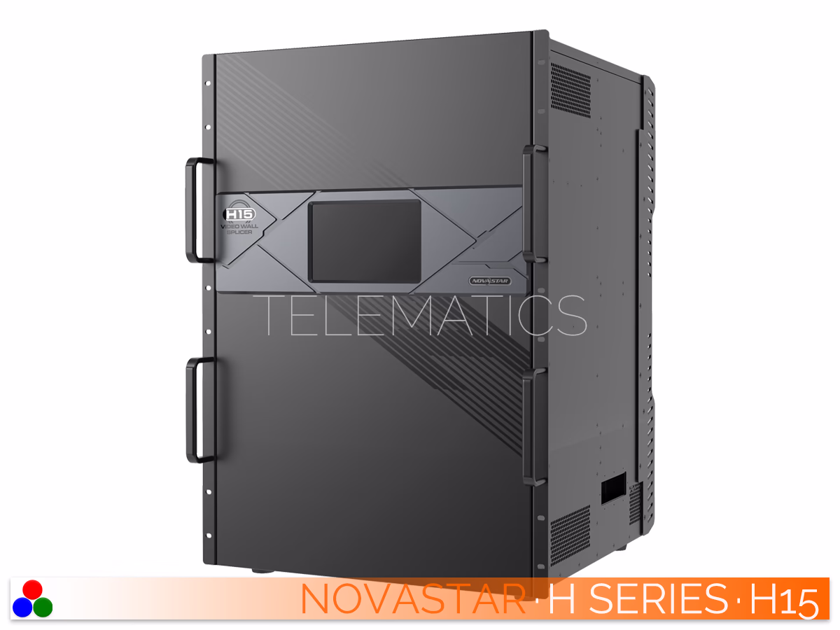 The Art Of Control · NovaStar H Series · Telematics Canada Straight front panel view of the NovaStar H15 video wall splicer featuring the central LCD monitoring screen.