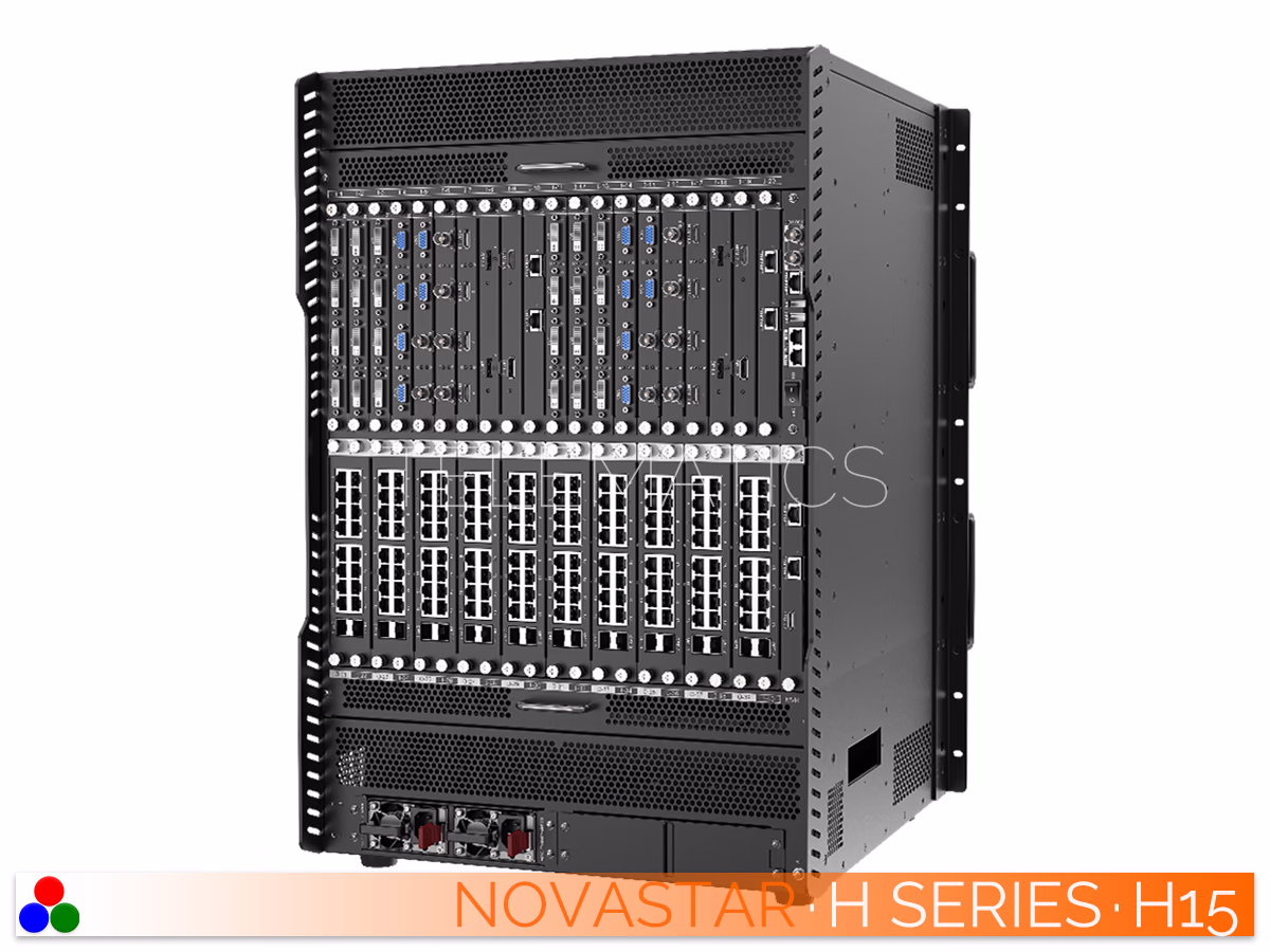 The Art Of Control · NovaStar H Series · Telematics Canada Elevated left rear view of the NovaStar H15 video wall splicer highlighting the chassis depth and modular card installation.