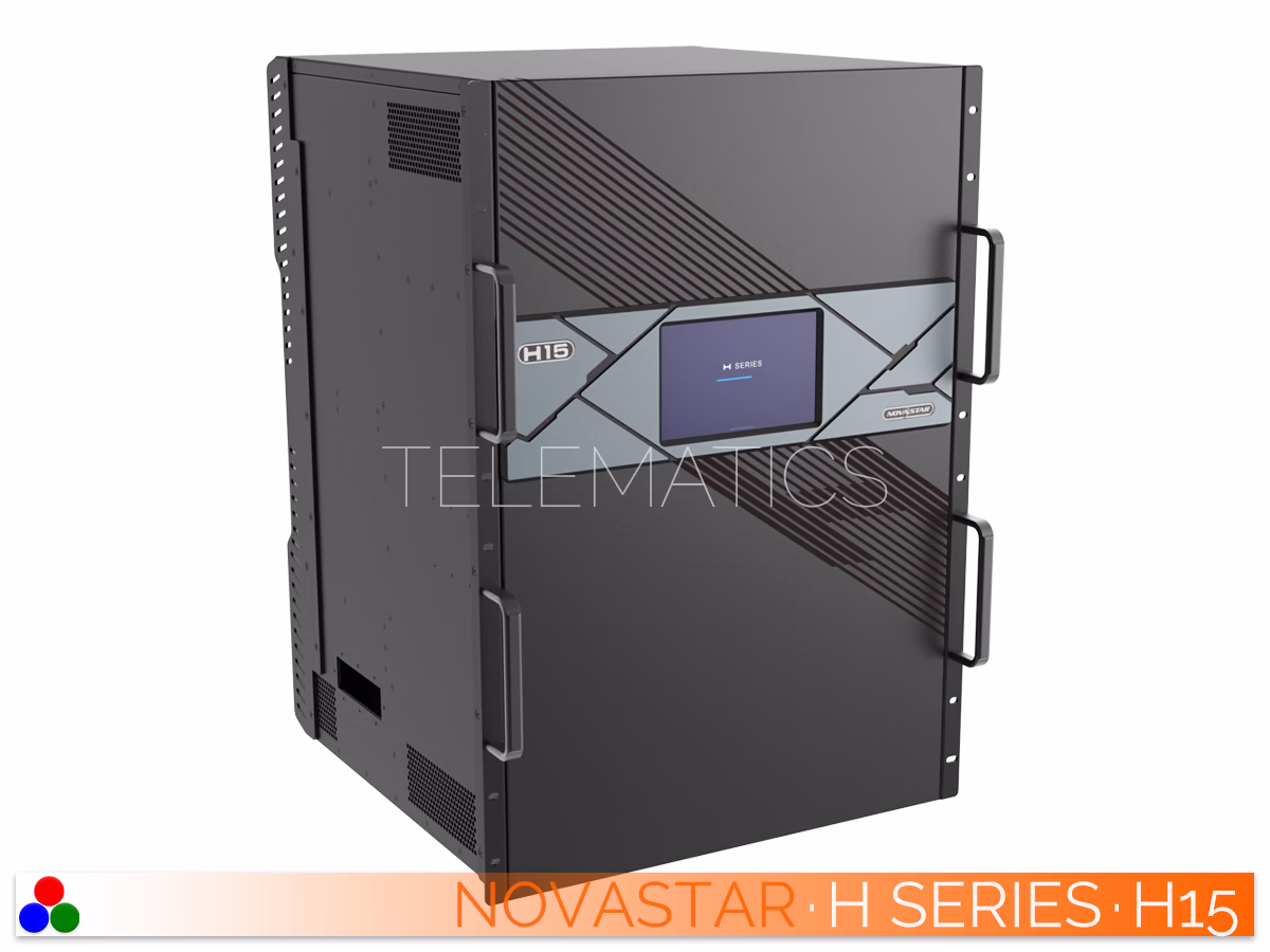 The Art Of Control · NovaStar H Series · Telematics Canada Angled left rear view of the NovaStar H15 video wall splicer displaying its modular I/O card configuration and control ports.