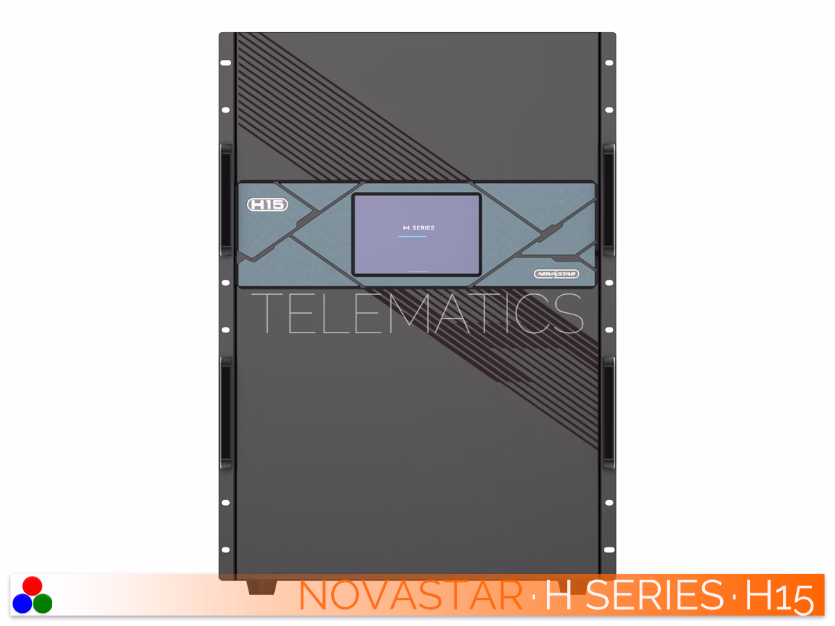 The Art Of Control · NovaStar H Series · Telematics Canada Angled right rear view of the NovaStar H15 video wall splicer showcasing installed modular input and output cards.