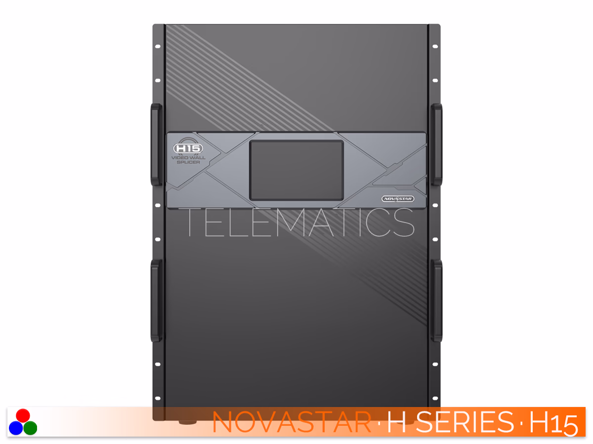 The Art Of Control · NovaStar H Series · Telematics Canada Angled right rear view of the NovaStar H15 video wall splicer showcasing populated modular input and output cards.
