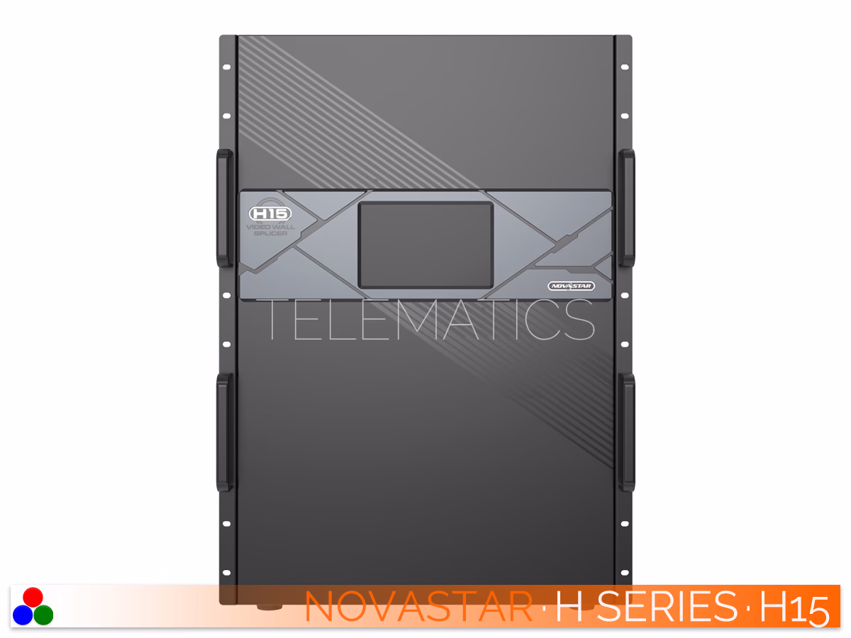 The Art Of Control · NovaStar H Series · Telematics Canada Full straight rear panel view of the NovaStar H15 video wall splicer including rack mount ears and modular card layouts.
