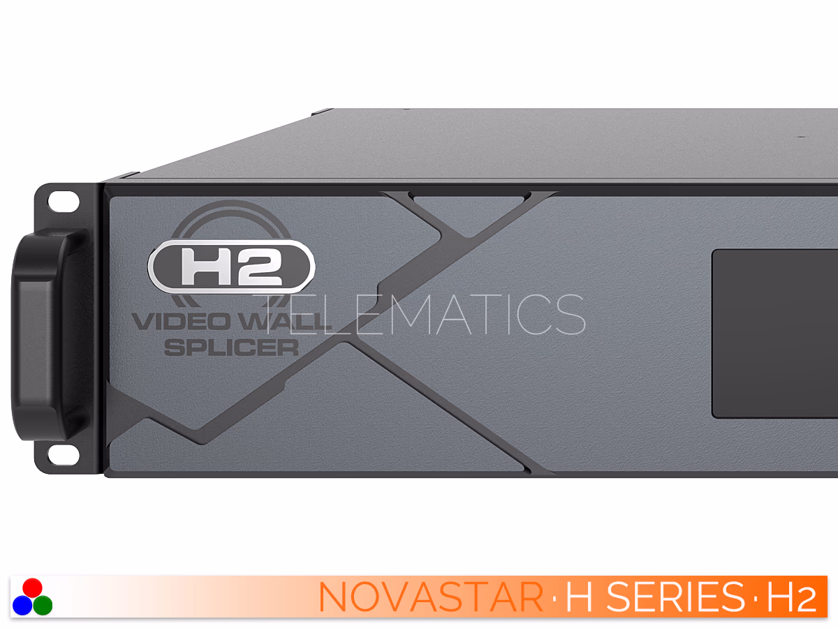 The Art Of Control · NovaStar H Series · Telematics Canada Close-up of the front left bezel on the NovaStar H2 video wall splicer featuring the H2 logo and geometric casing.