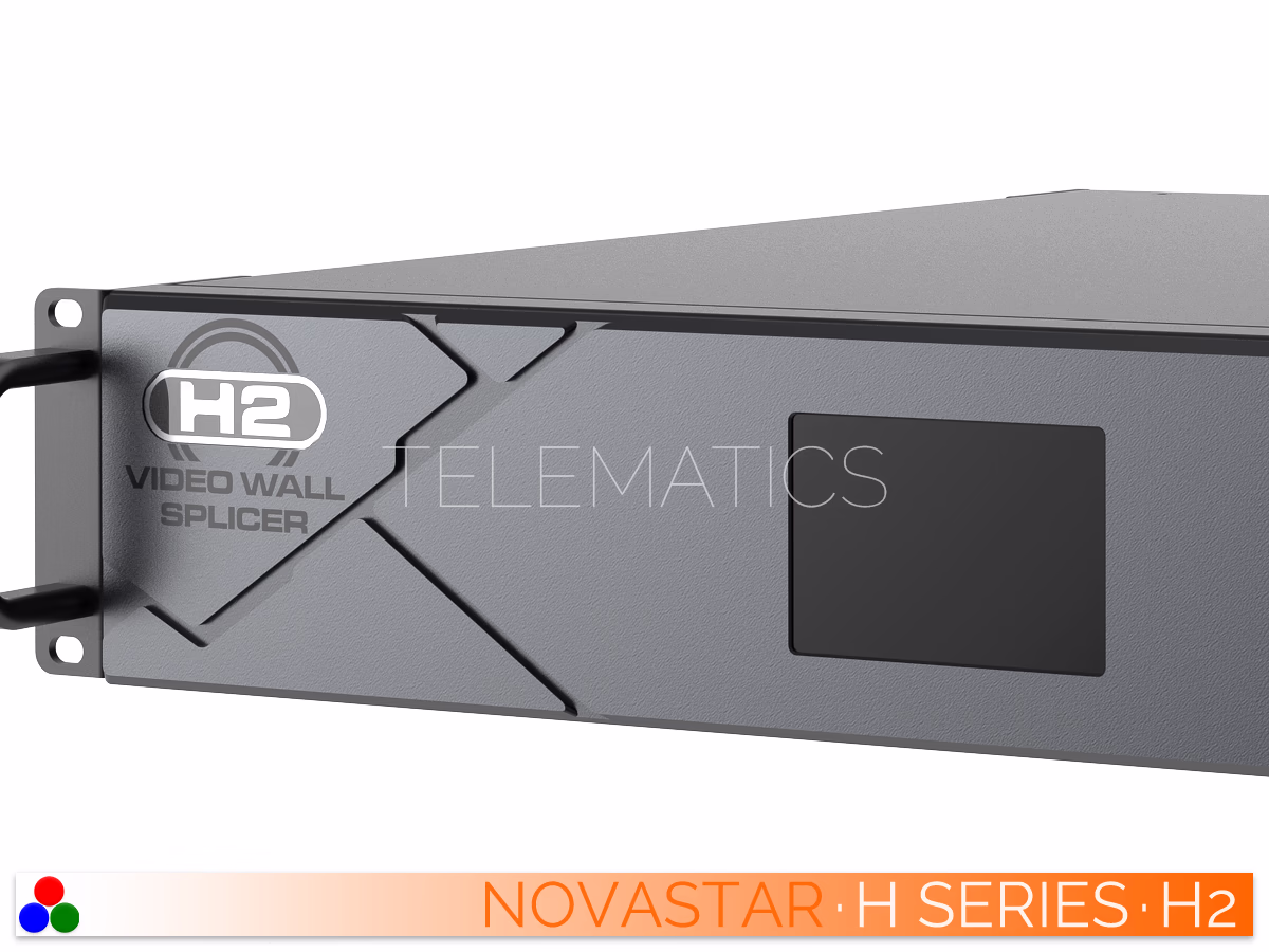 The Art Of Control · NovaStar H Series · Telematics Canada Angled close-up of the front left panel of the NovaStar H2 video wall splicer highlighting the branding and display screen.