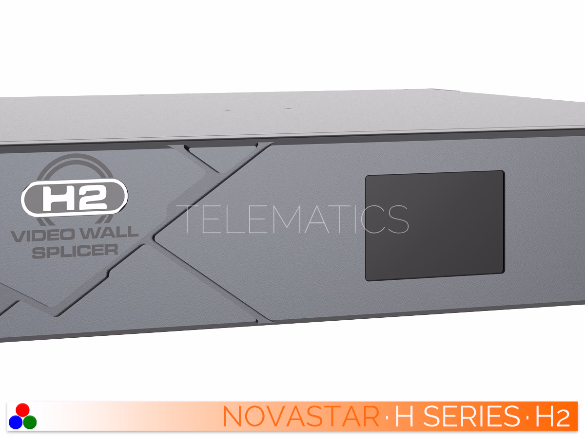 The Art Of Control · NovaStar H Series · Telematics Canada Extreme close-up of the NovaStar H2 front panel focusing on the H2 video wall splicer logo and the center status screen.