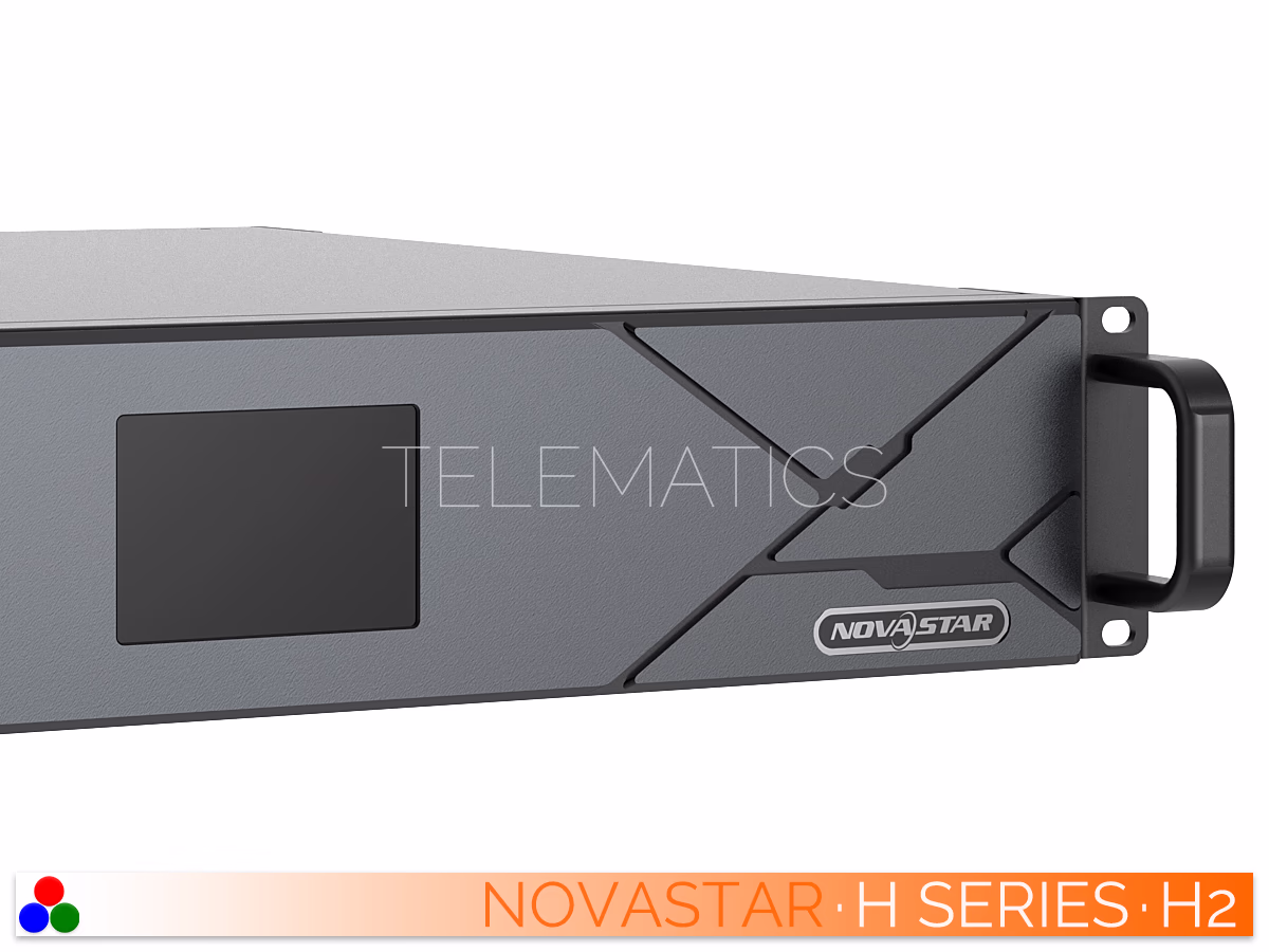 The Art Of Control · NovaStar H Series · Telematics Canada Angled close-up of the front right panel of the NovaStar H2 showing the display screen, logo, and rack ear.