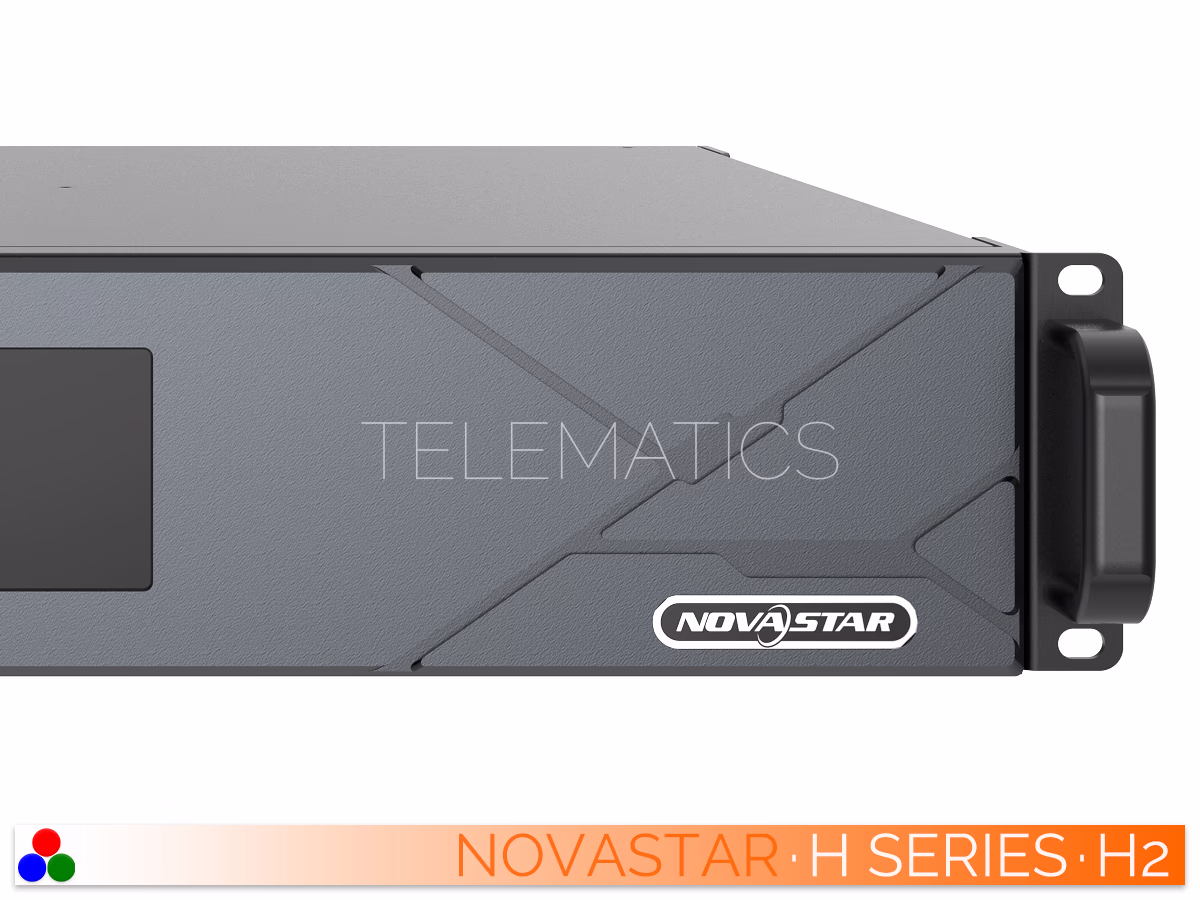 The Art Of Control · NovaStar H Series · Telematics Canada Close-up of the front right panel on the NovaStar H2 splicer detailing the LCD screen edge, NovaStar logo, and mounting hardware.