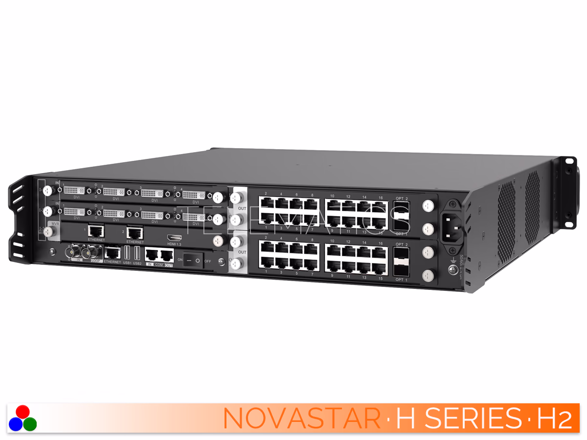 The Art Of Control · NovaStar H Series · Telematics Canada Left-angled rear perspective of the NovaStar H2 video wall splicer loaded with standard video input and output cards.