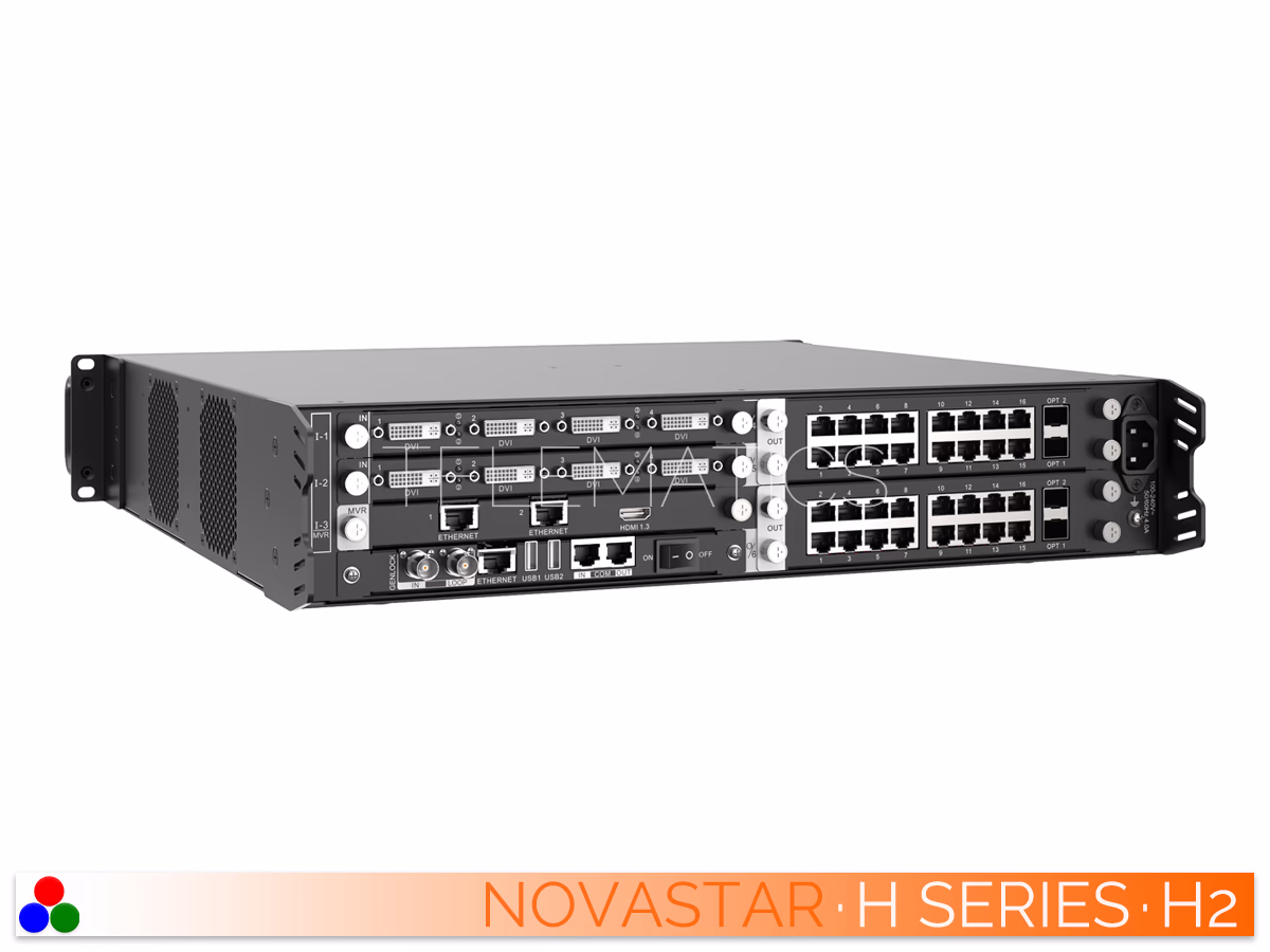 The Art Of Control · NovaStar H Series · Telematics Canada Angled left rear view of the NovaStar H2 video wall splicer displaying its modular I/O card configuration and control ports.