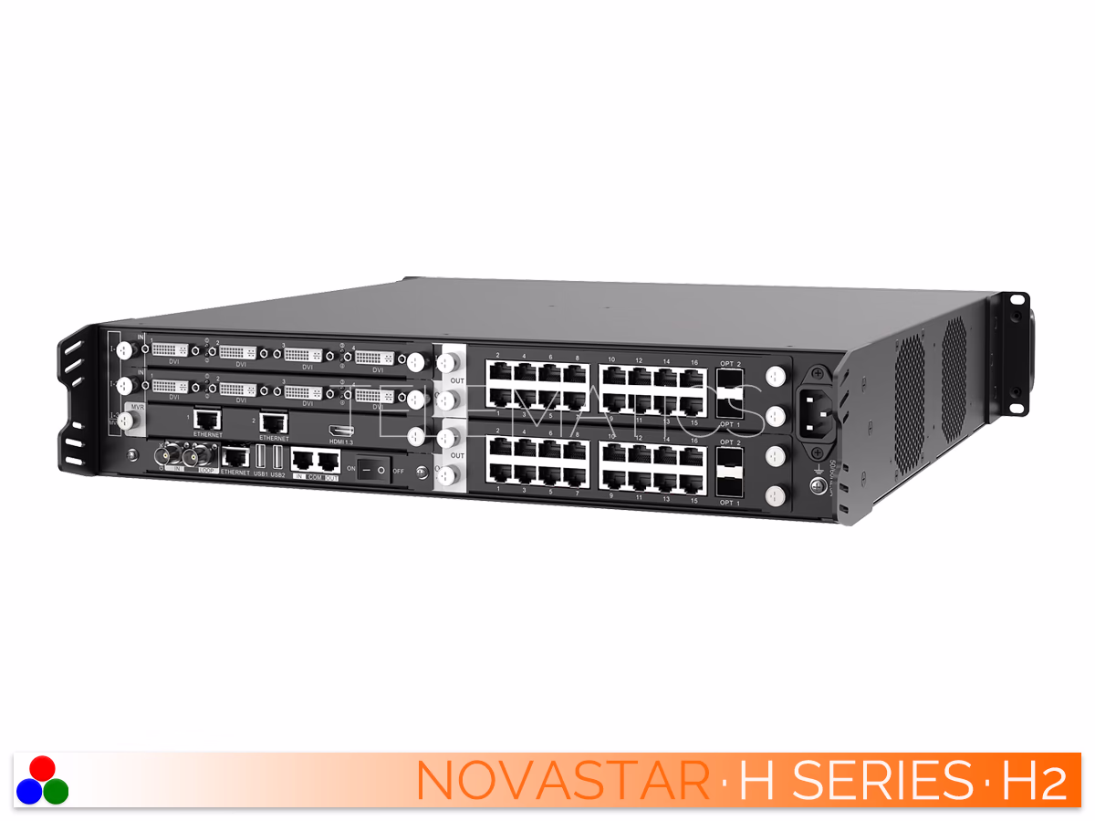 The Art Of Control · NovaStar H Series · Telematics Canada Angled right rear view of the NovaStar H2 video wall splicer showing modular slots, control cards, and power supply.