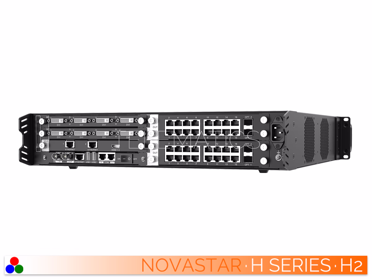 The Art Of Control · NovaStar H Series · Telematics Canada Elevated right rear view of the NovaStar H2 video wall splicer displaying installed communication cards and side vents.