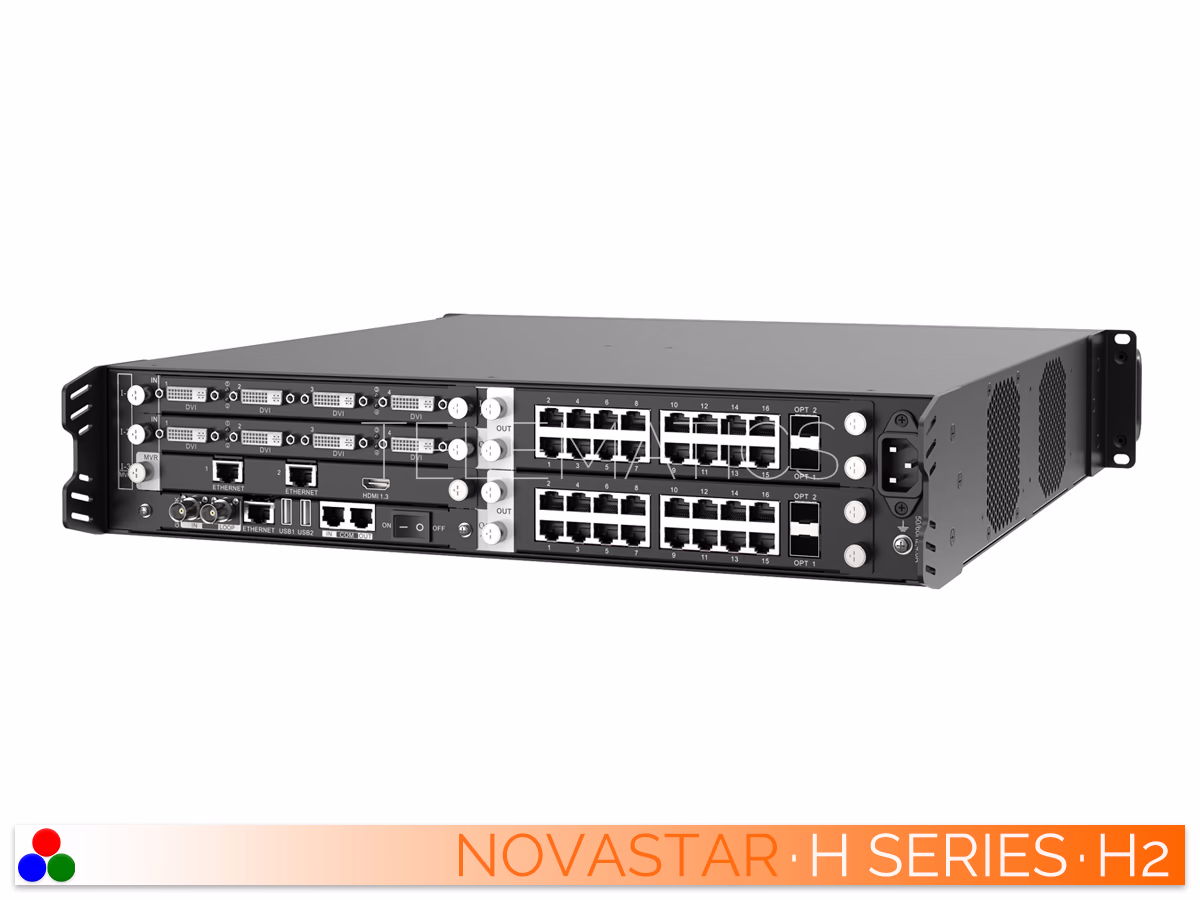 The Art Of Control · NovaStar H Series · Telematics Canada Angled right rear view of the NovaStar H2 video wall splicer showcasing installed modular input and output cards.