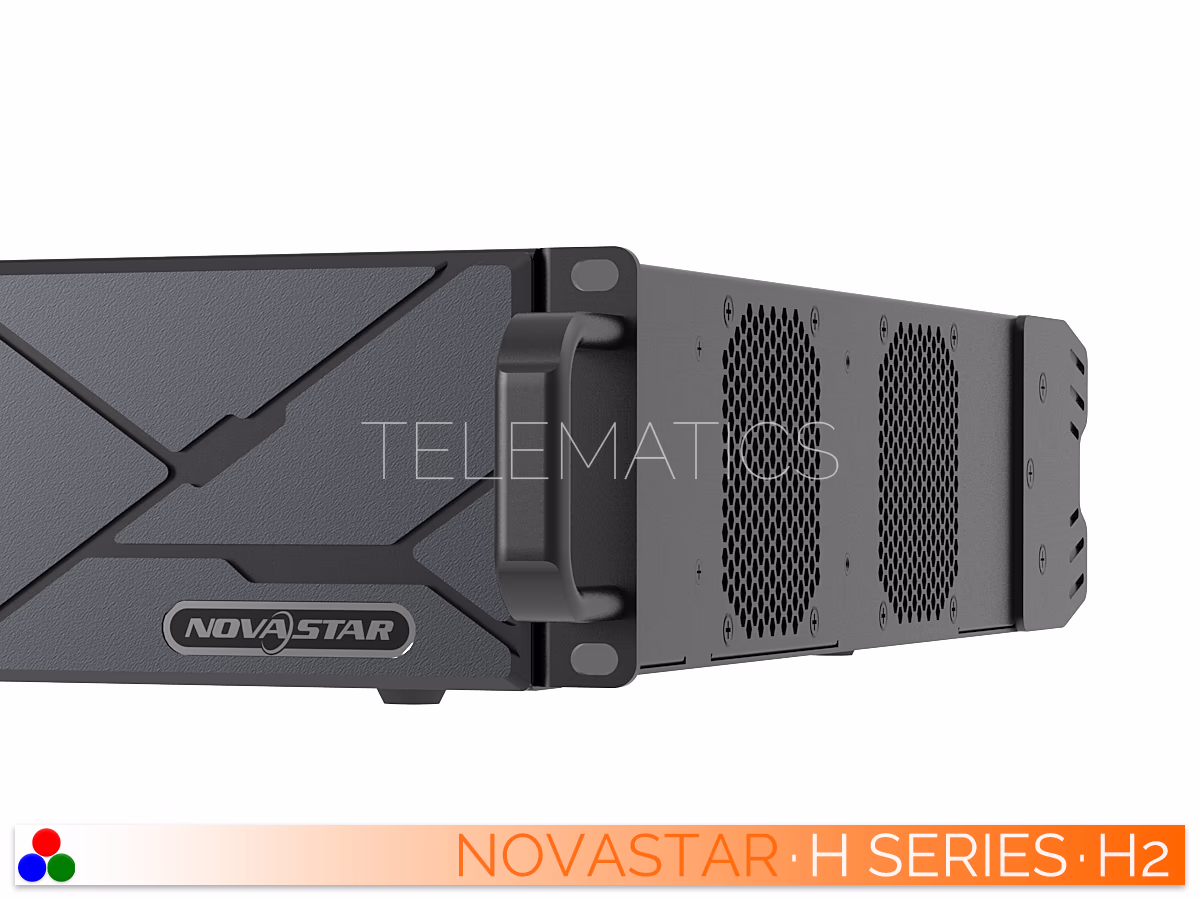 The Art Of Control · NovaStar H Series · Telematics Canada Extreme close-up of the right-side cooling vents, rack mount ear, and NovaStar badge on the H2 chassis.