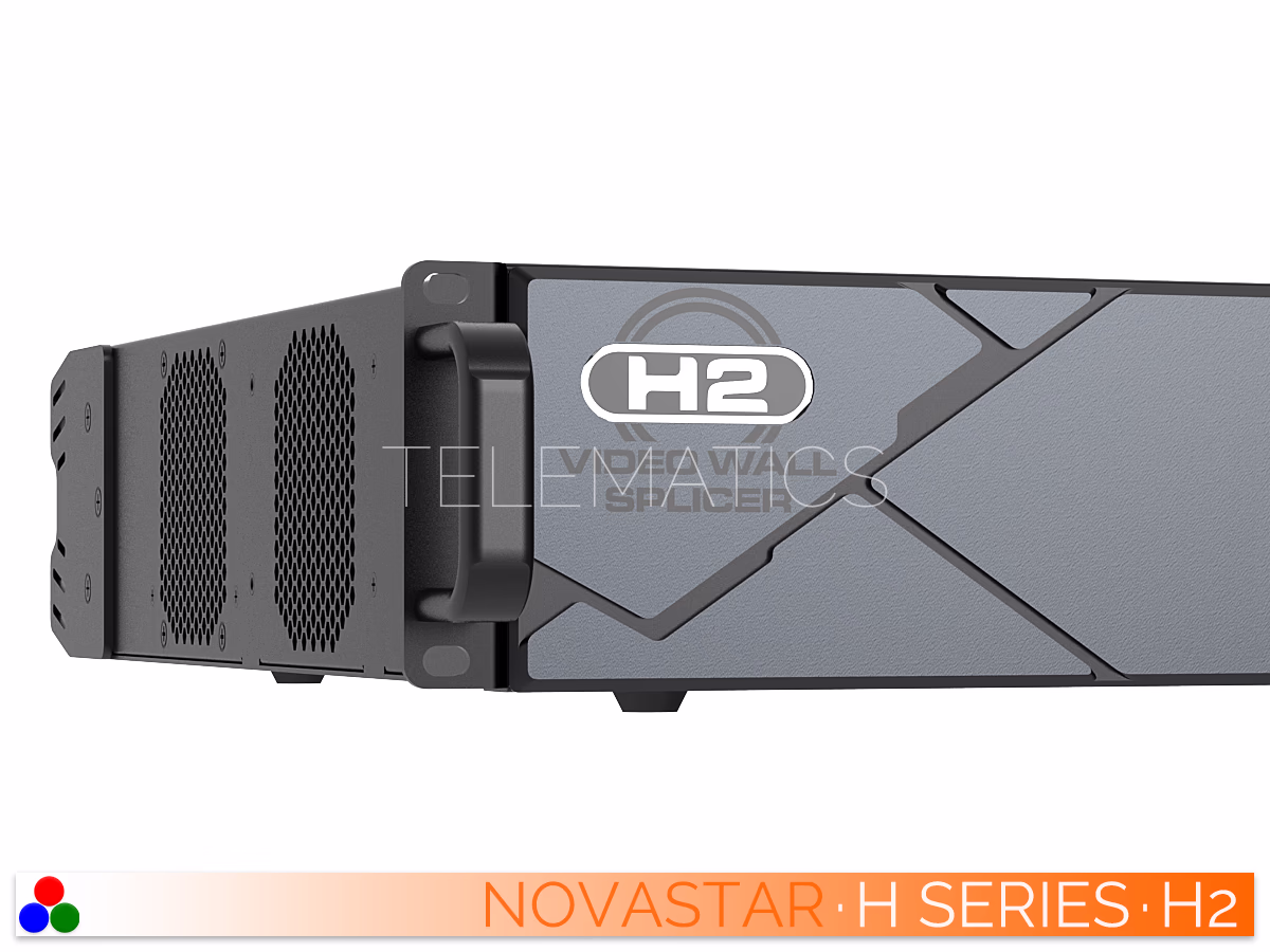 The Art Of Control · NovaStar H Series · Telematics Canada Angled front-left view of the NovaStar H2 LED display controller, highlighting the side cooling fans and rack mounting ears.